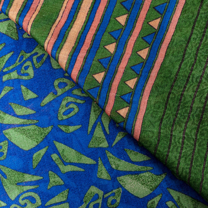 Sanskriti Vintage Soft Blue Pure Woolen Saree Foliage Geometric Print Sari 6+YD