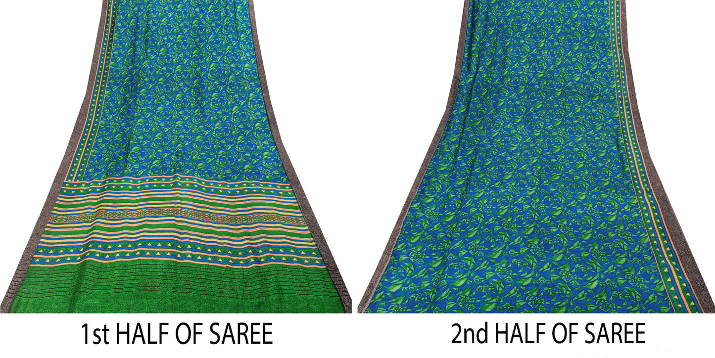Sanskriti Vintage Soft Blue Pure Woolen Saree Foliage Geometric Print Sari 6+YD