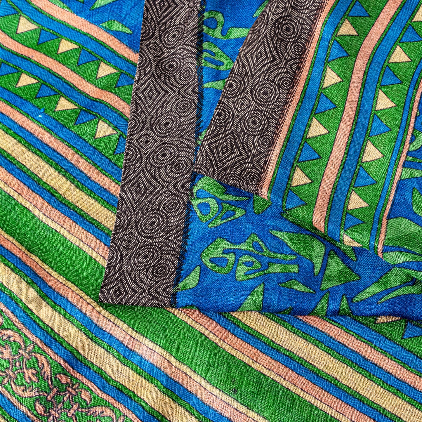 Sanskriti Vintage Soft Blue Pure Woolen Saree Foliage Geometric Print Sari 6+YD