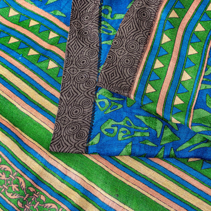 Sanskriti Vintage Soft Blue Pure Woolen Saree Foliage Geometric Print Sari 6+YD