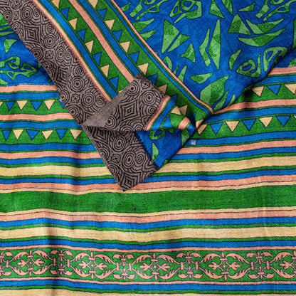 Sanskriti Vintage Soft Blue Pure Woolen Saree Foliage Geometric Print Sari 6+YD