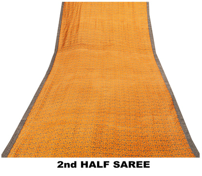 Sanskriti Vintage Soft Orange Pure Woolen Saree Spiral Vine Print Sari 6YD Craft