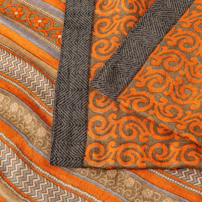 Sanskriti Vintage Soft Orange Pure Woolen Saree Spiral Vine Print Sari 6YD Craft