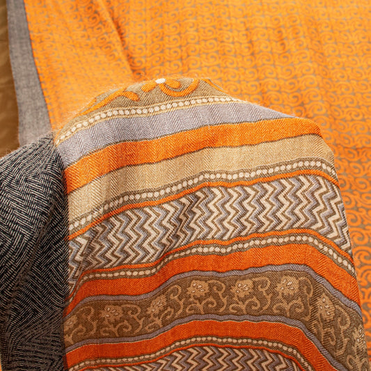 Sanskriti Vintage Soft Orange Pure Woolen Saree Spiral Vine Print Sari 6YD Craft