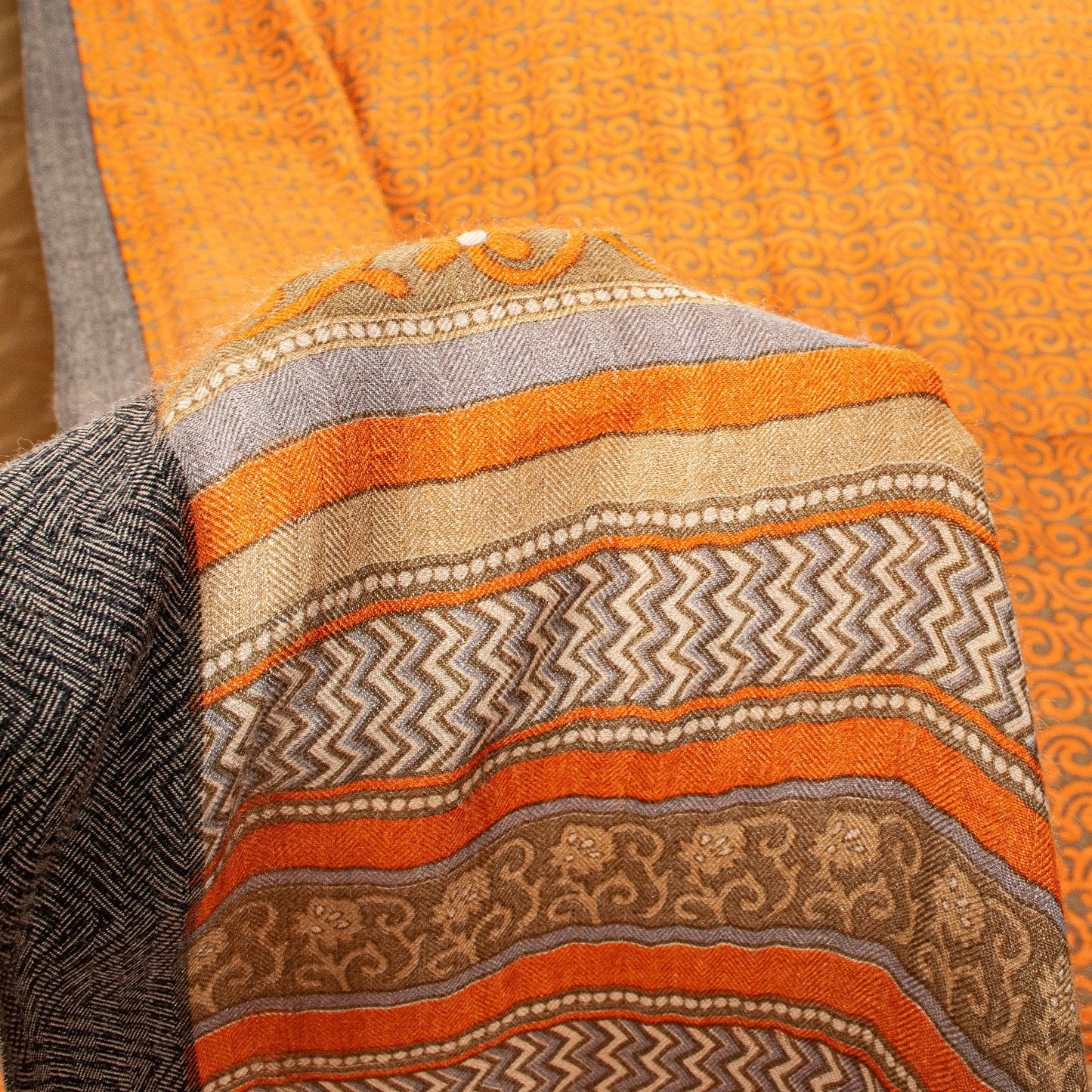 Sanskriti Vintage Soft Orange Pure Woolen Saree Spiral Vine Print Sari 6YD Craft