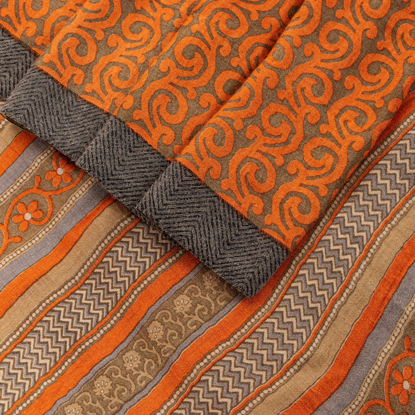 Sanskriti Vintage Soft Orange Pure Woolen Saree Spiral Vine Print Sari 6YD Craft