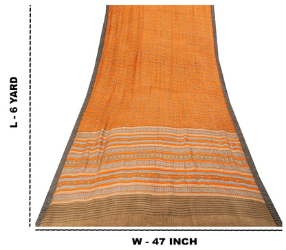 Sanskriti Vintage Soft Orange Pure Woolen Saree Spiral Vine Print Sari 6YD Craft