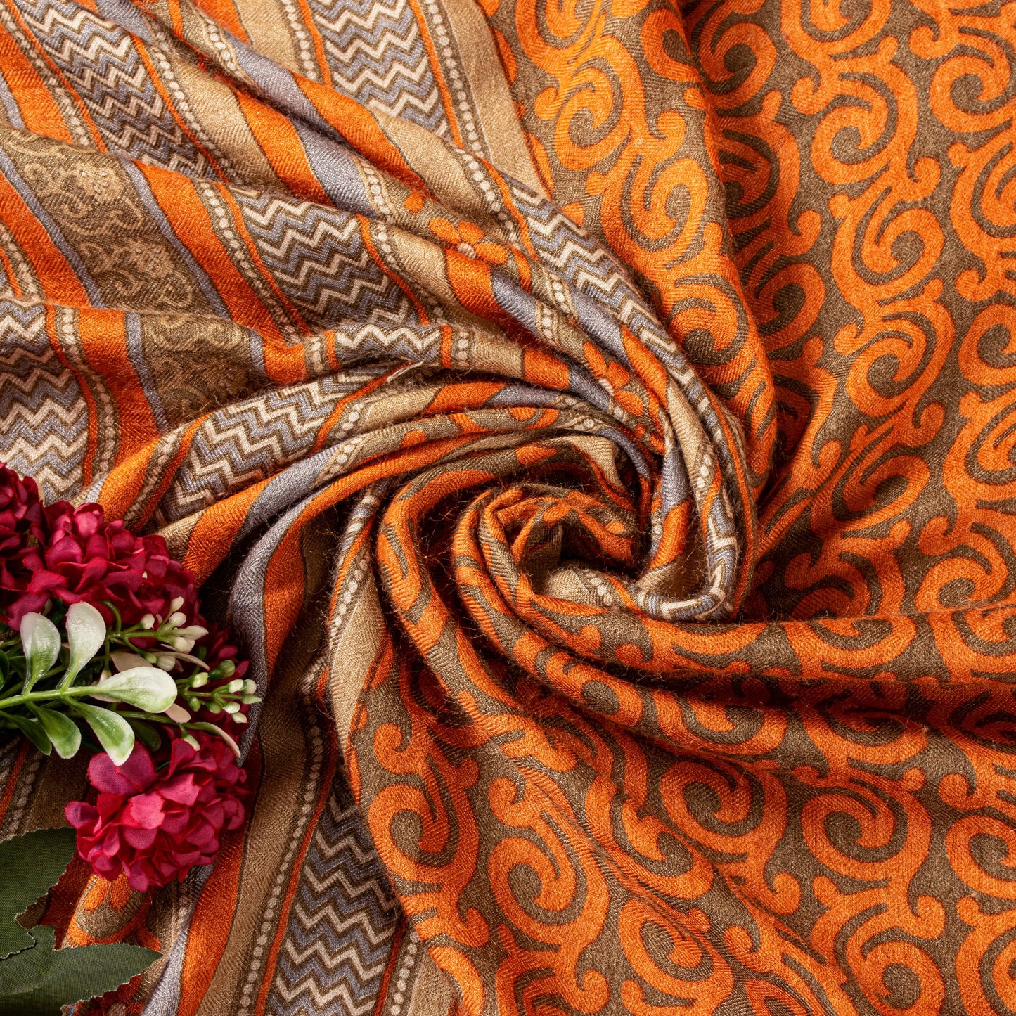 Sanskriti Vintage Soft Orange Pure Woolen Saree Spiral Vine Print Sari 6YD Craft