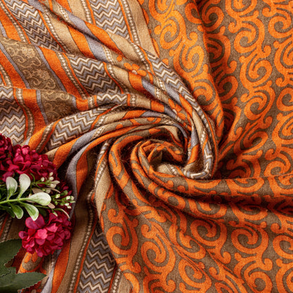 Sanskriti Vintage Soft Orange Pure Woolen Saree Spiral Vine Print Sari 6YD Craft