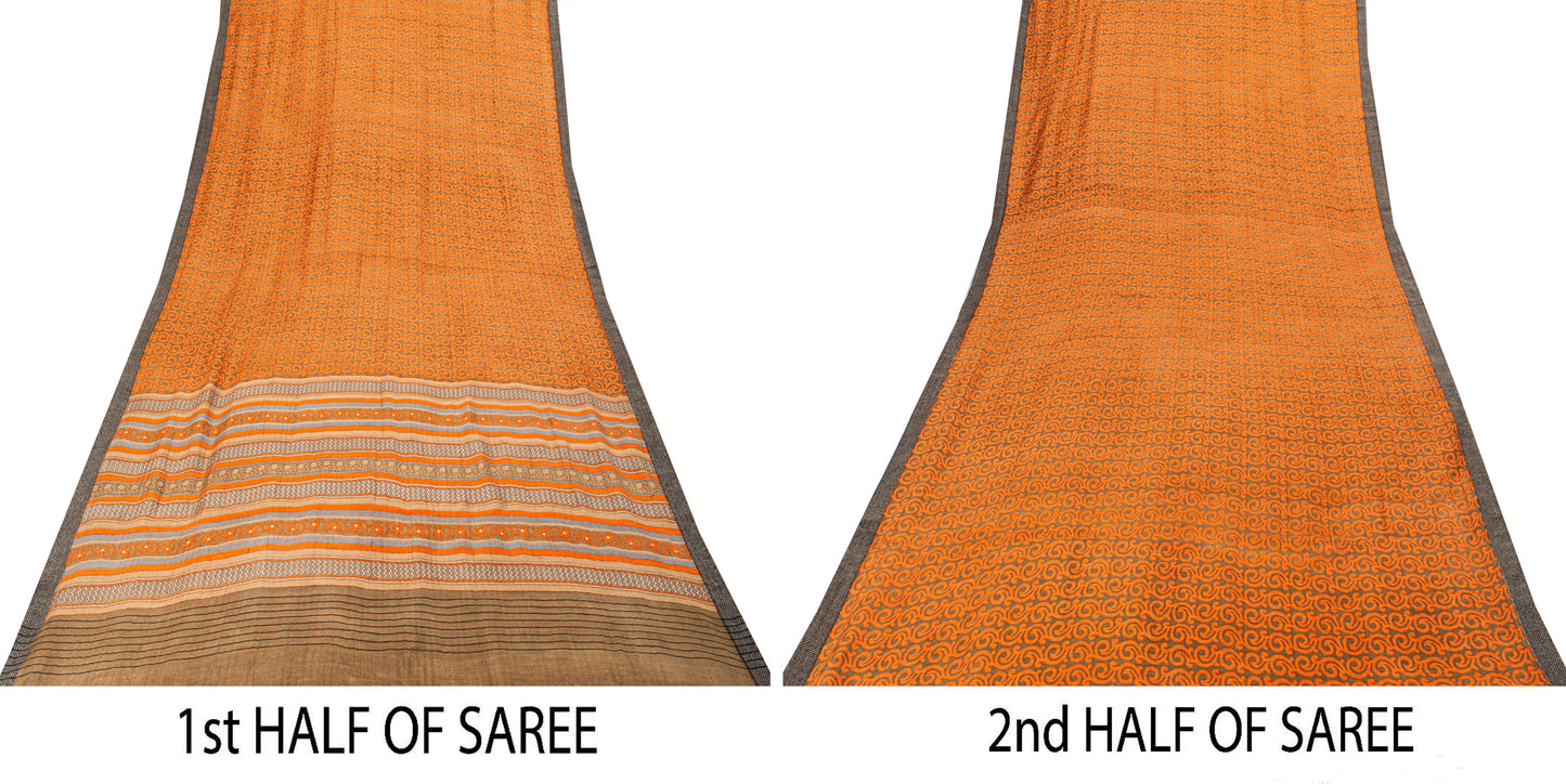 Sanskriti Vintage Soft Orange Pure Woolen Saree Spiral Vine Print Sari 6YD Craft
