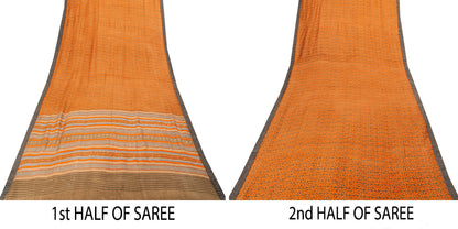 Sanskriti Vintage Soft Orange Pure Woolen Saree Spiral Vine Print Sari 6YD Craft