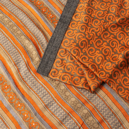 Sanskriti Vintage Soft Orange Pure Woolen Saree Spiral Vine Print Sari 6YD Craft
