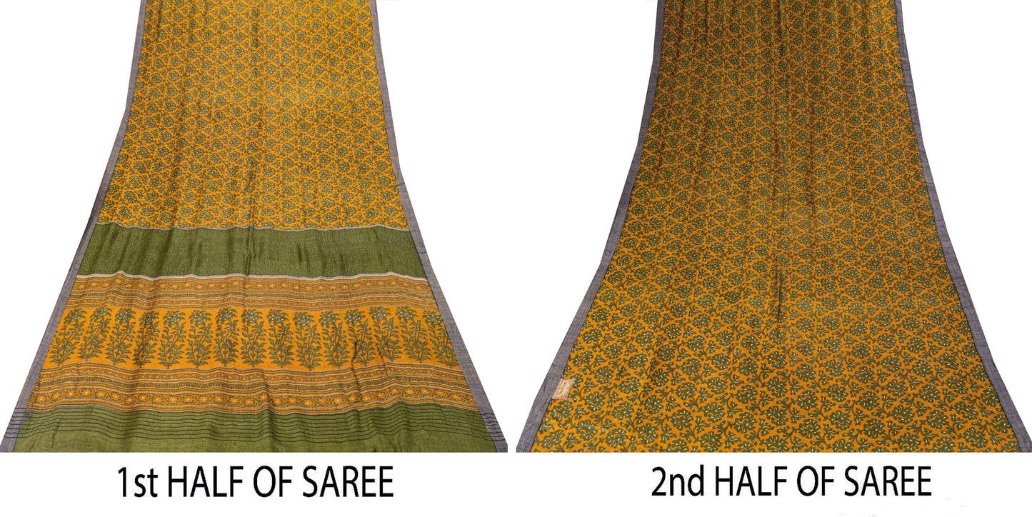 Sanskriti Vintage Soft Orange Pure Woolen Saree Floral Printed Sari 6YD Craft