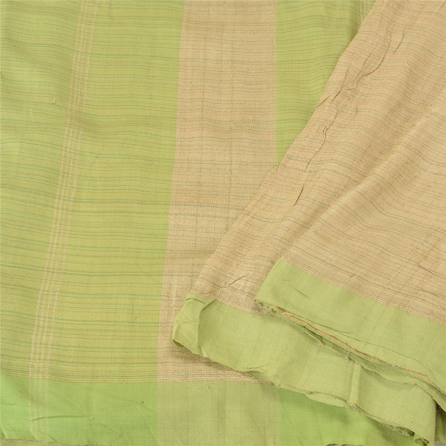 Sanskriti Vintage Saree Pure Woolen Beige-Green Woven Sari 6YD Soft Craft Fabric