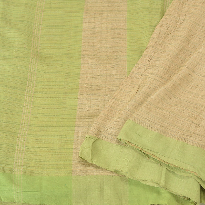 Sanskriti Vintage Saree Pure Woolen Beige-Green Woven Sari 6YD Soft Craft Fabric