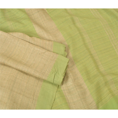 Sanskriti Vintage Saree Pure Woolen Beige-Green Woven Sari 6YD Soft Craft Fabric