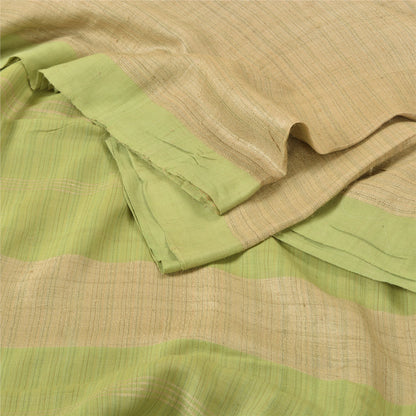 Sanskriti Vintage Saree Pure Woolen Beige-Green Woven Sari 6YD Soft Craft Fabric