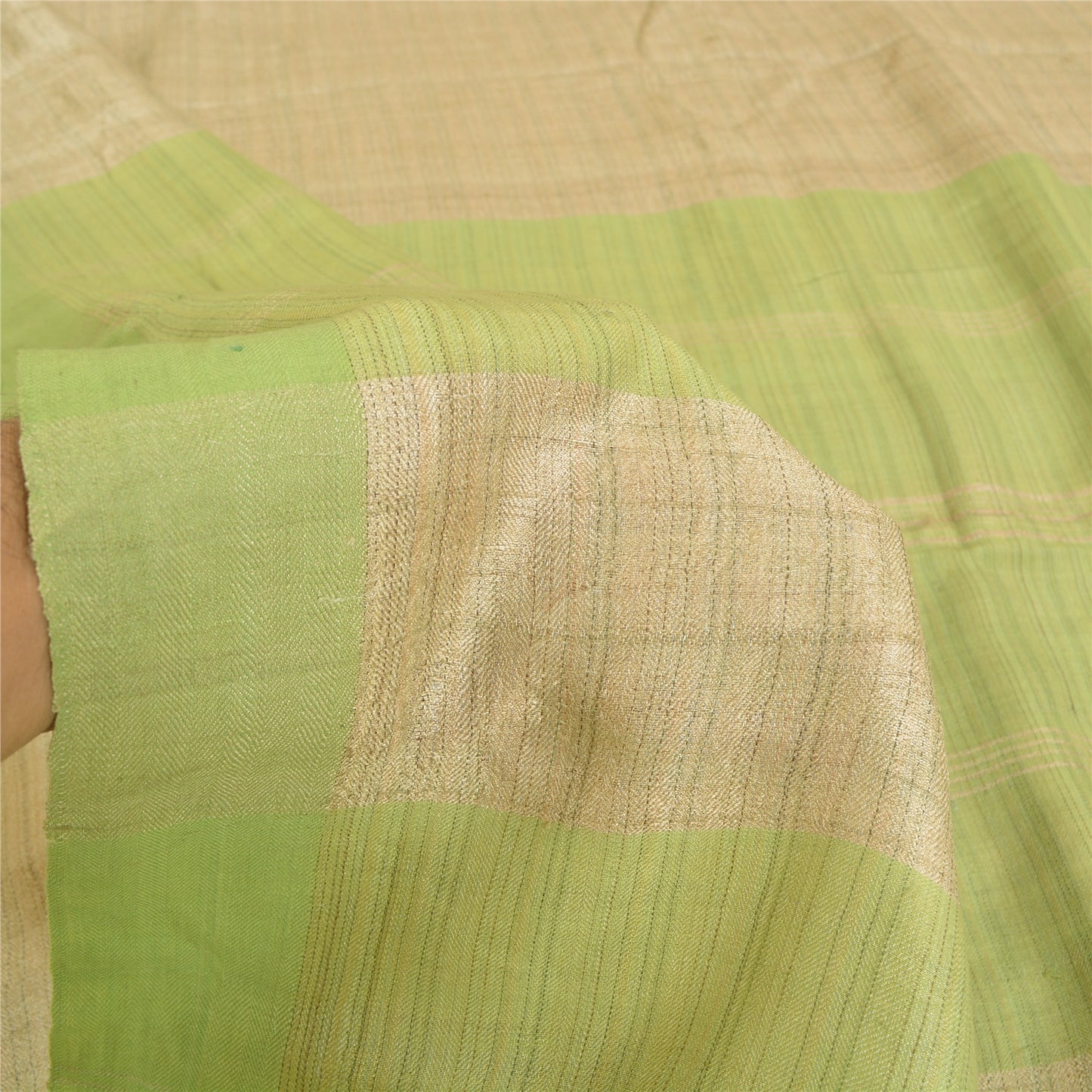Sanskriti Vintage Saree Pure Woolen Beige-Green Woven Sari 6YD Soft Craft Fabric