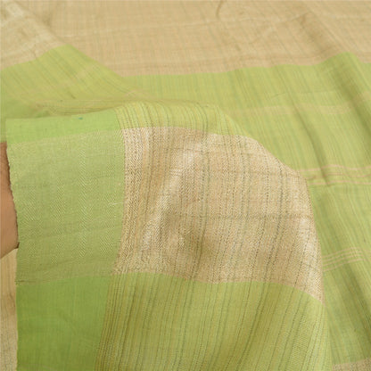 Sanskriti Vintage Saree Pure Woolen Beige-Green Woven Sari 6YD Soft Craft Fabric