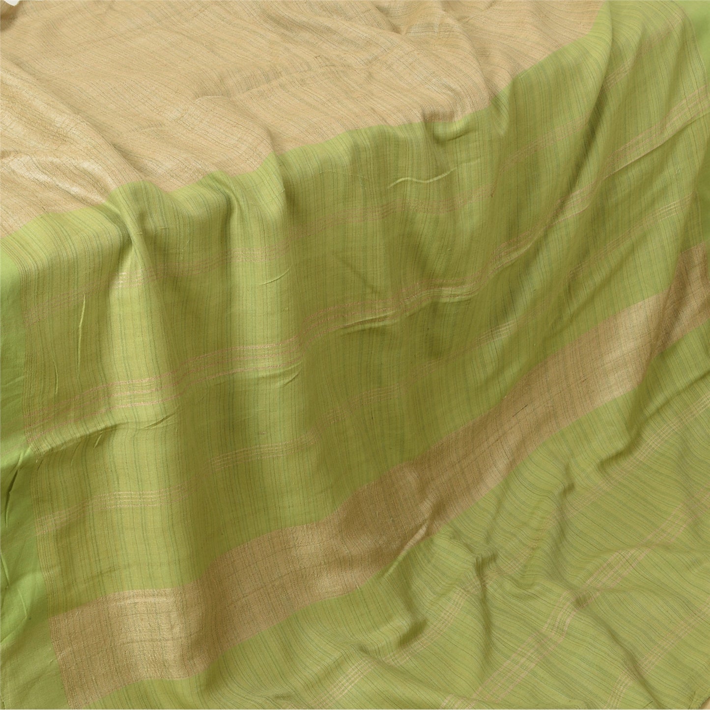 Sanskriti Vintage Saree Pure Woolen Beige-Green Woven Sari 6YD Soft Craft Fabric