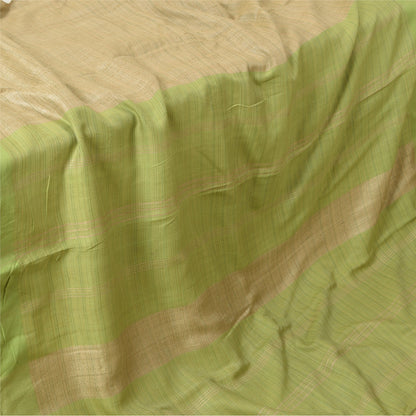 Sanskriti Vintage Saree Pure Woolen Beige-Green Woven Sari 6YD Soft Craft Fabric