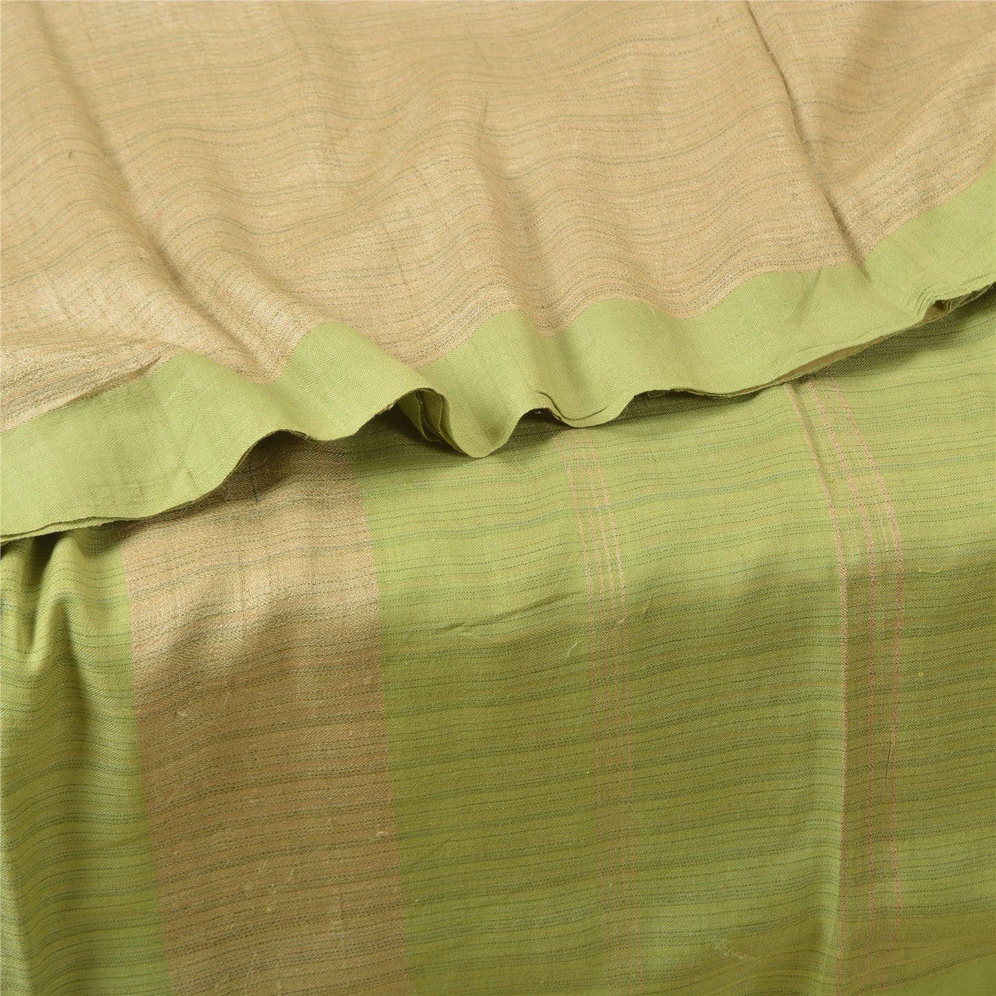 Sanskriti Vintage Saree Pure Woolen Beige-Green Woven Sari 6YD Soft Craft Fabric
