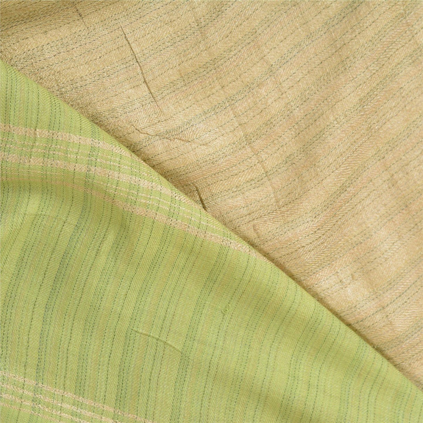 Sanskriti Vintage Saree Pure Woolen Beige-Green Woven Sari 6YD Soft Craft Fabric