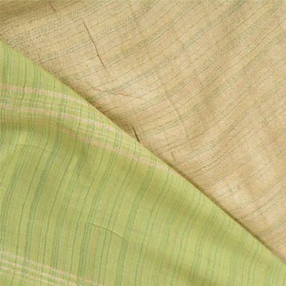 Sanskriti Vintage Saree Pure Woolen Beige-Green Woven Sari 6YD Soft Craft Fabric