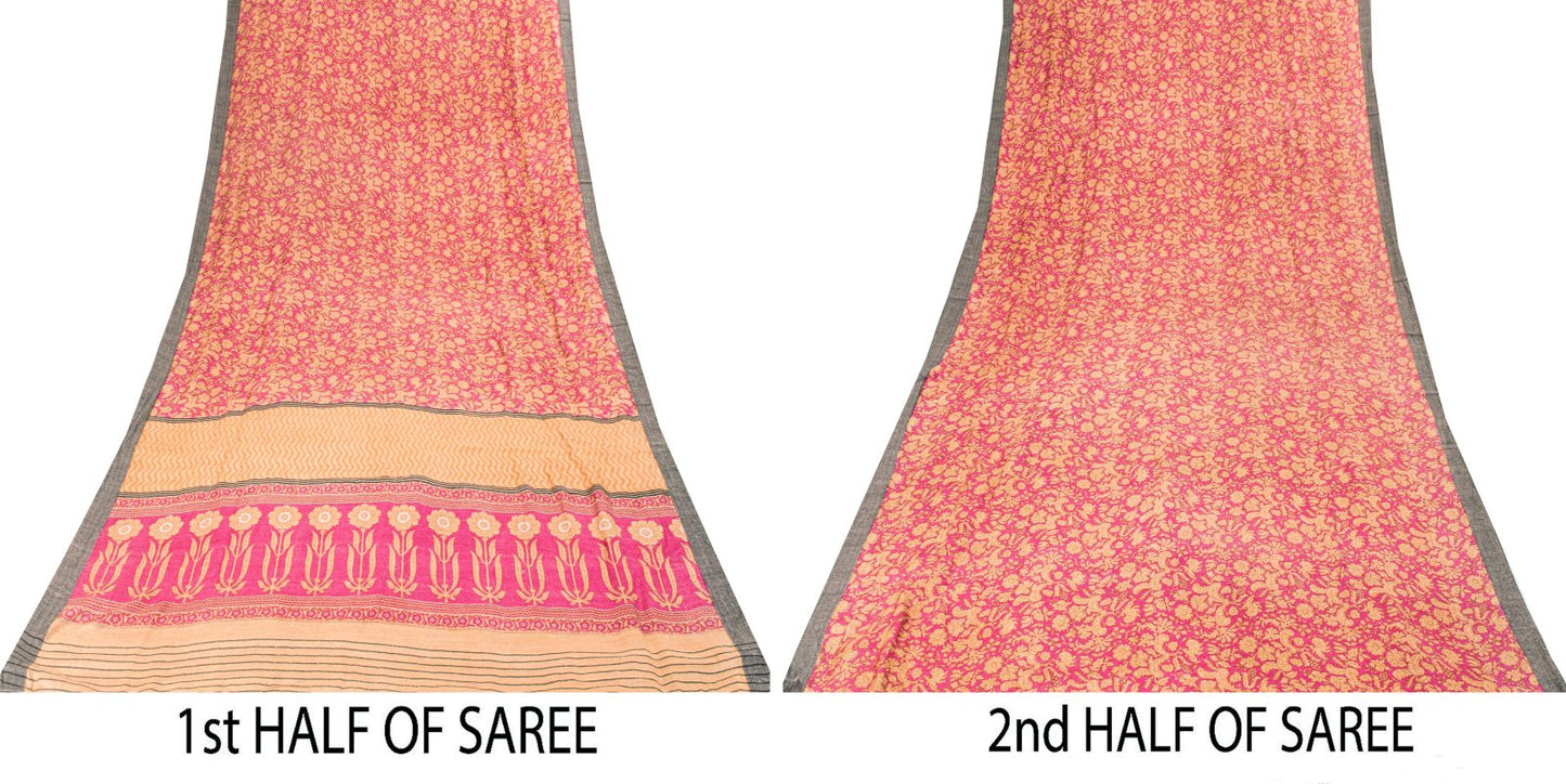 Sanskriti Vintage Pink Pure Woolen Saree Floral Printed Sari Soft Craft Fabric