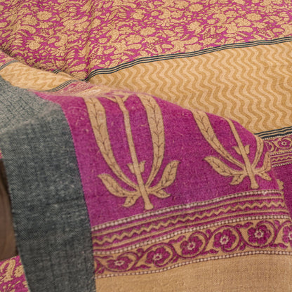 Sanskriti Vintage Pink Pure Woolen Saree Floral Printed Sari Soft Craft Fabric