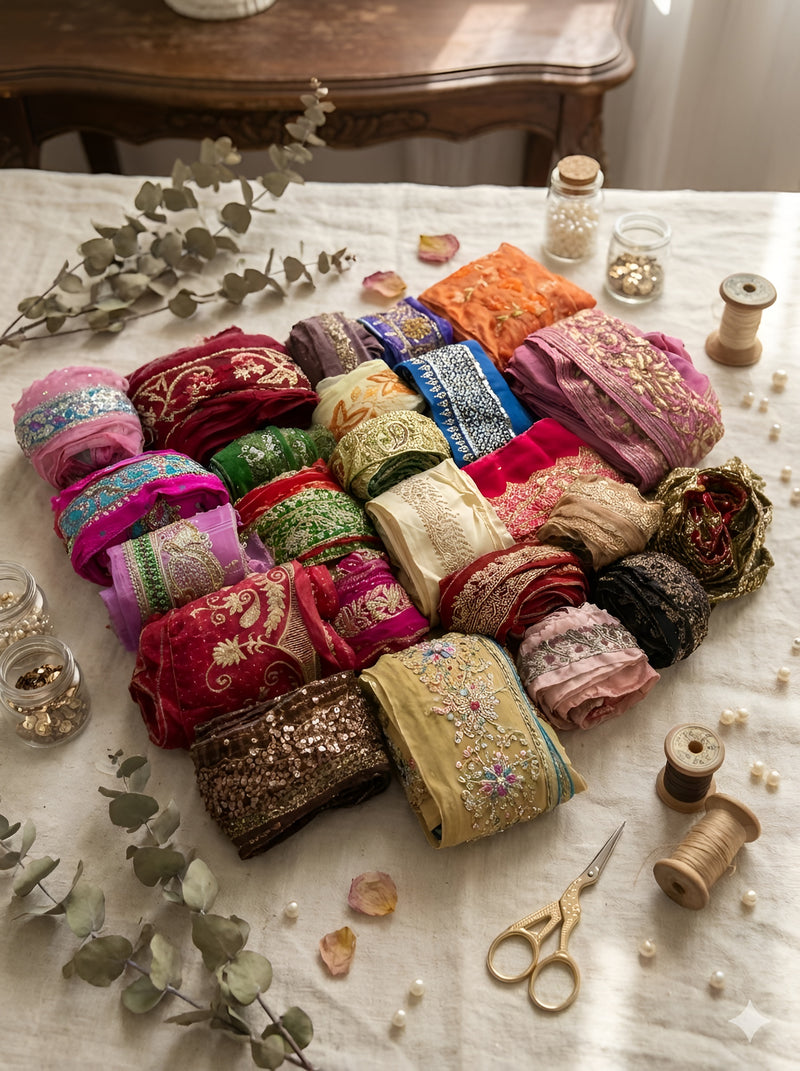 Sanskriti Vintage Saree Borders Lot 25 Yards | Assorted Embroidered Saree Sari Lace Trim | Recycled Indian Textile Craft Supply Ribbons