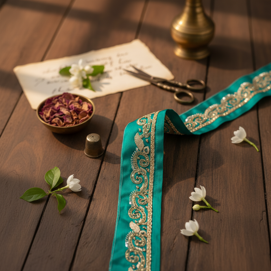 Sanskriti Vintage Saree Border Hand Beaded Zari 1yd Trims Indian Ribbon Green