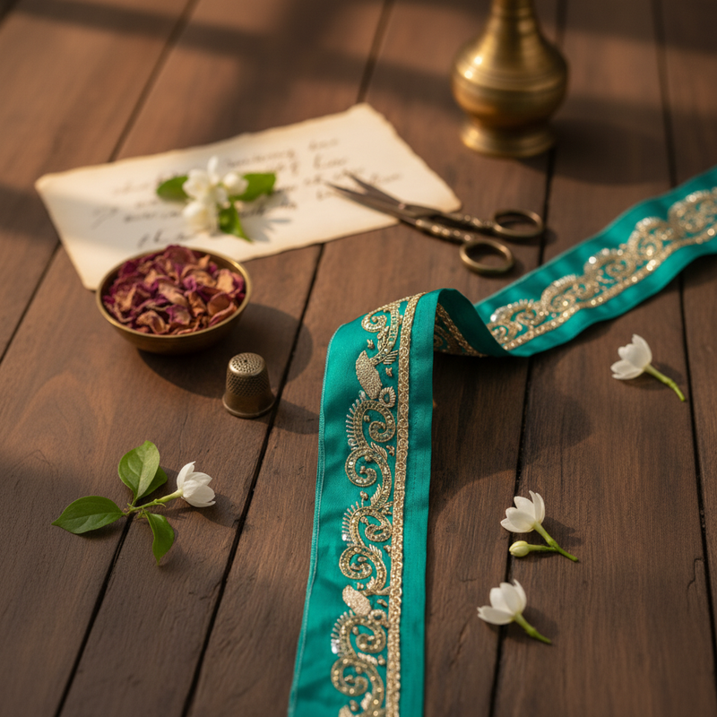 Sanskriti Vintage Saree Border Hand Beaded Zari 1yd Trims Indian Ribbon Green
