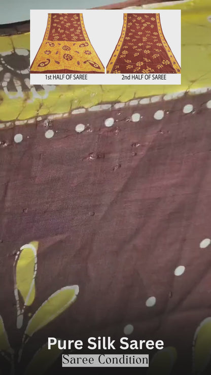 Brown Yellow Pure Silk Printed Vintage Saree Batik Floral Craft Fabric 5 Yard Sari