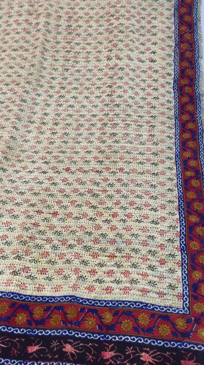 Sanskriti Vintage Sarees Cream Pure Crepe Silk Printed Sari 5+yd Craft Fabric