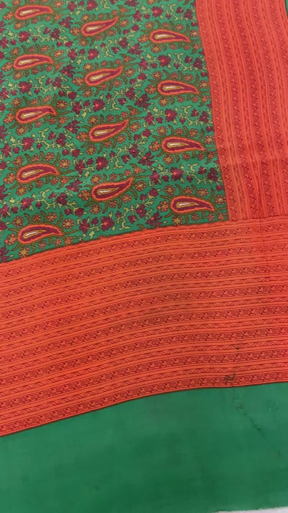 Sanskriti Vintage Sarees Green Indian Pure Crepe Printed Sari 5+yd Craft Fabric