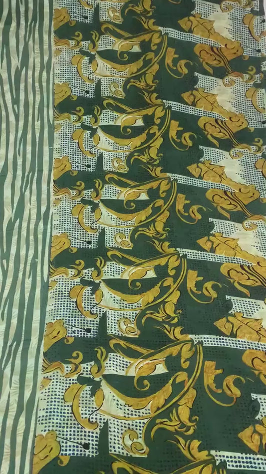Sanskriti Vintage Sarees Green & Ivory Pure Crepe Printed Sari 5+yd Craft Sustainable Fabric