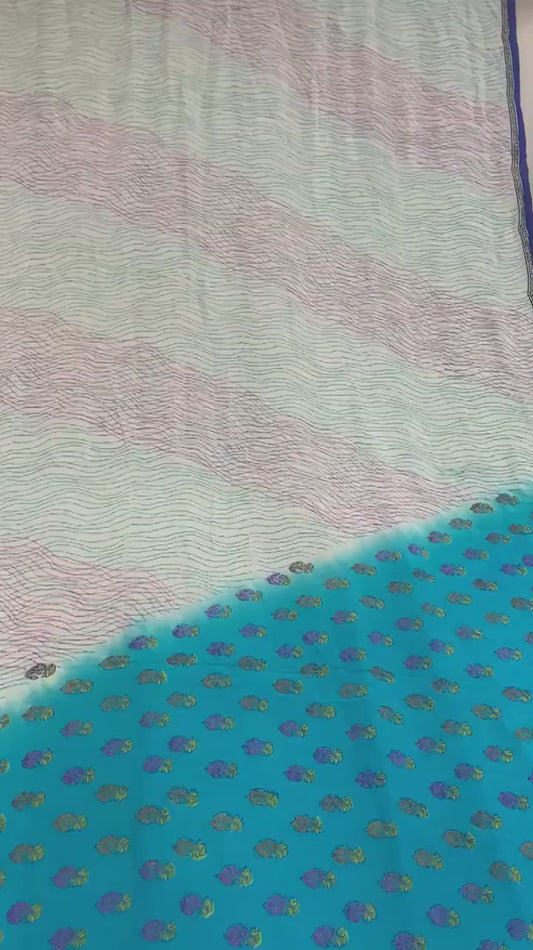 Sanskriti Vintage Sarees Ivory Pure Crepe Silk Printed Sari 5+yd Craft Sustainable Fabric