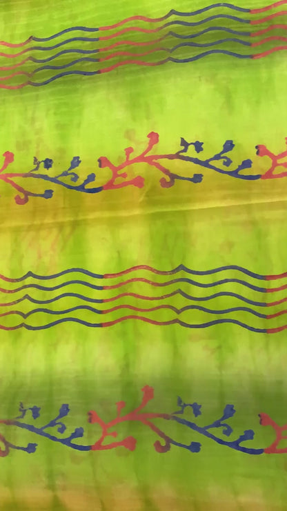 Sanskriti Vintage Sarees Green Pure Crepe Silk Printed Sari 5+yd Craft Fabric