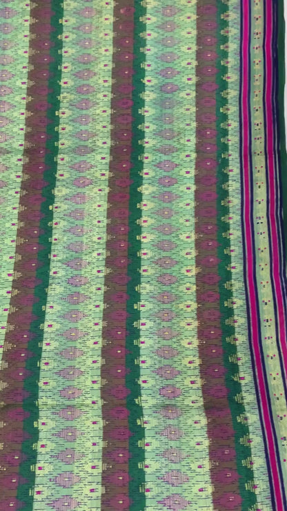 Sanskriti Vintage Sarees Green Pure Silk Block Printed & Woven Sari 5+yd Fabric