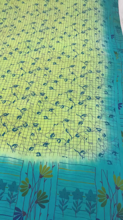 Sanskriti Vintage Sarees Green & Blue Pure Crepe Printed Sari 5+yd Craft Fabric