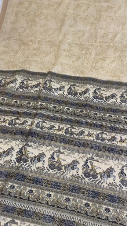 Sanskriti Vintage Sarees Cream Pure Silk Peacock Printed Sari 5+yd Craft Fabric