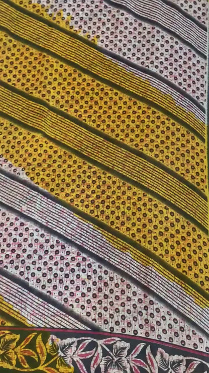 Sanskriti Vintage Sarees Yellow/Ivory Pure Cotton Printed Sari 5yd Craft Sustainable Fabric