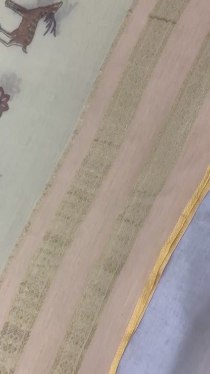 Sanskriti Vintage Sarees Peach Women Deer Pure Cotton Printed Sari 5+yd Fabric