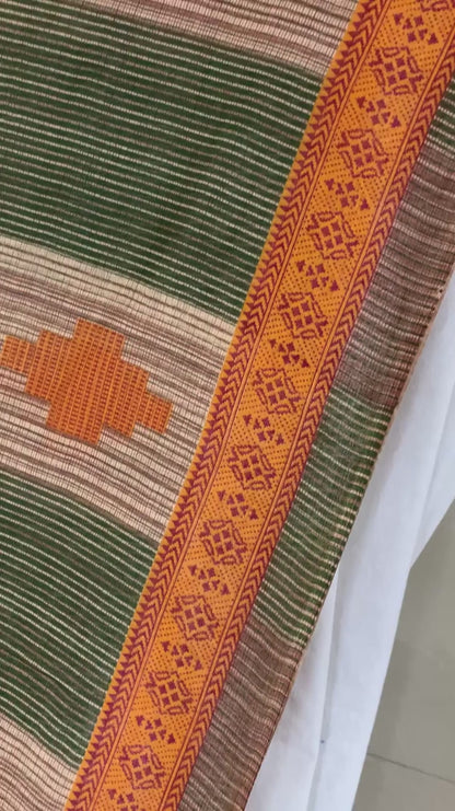 Sanskriti Vintage Sarees Green & Brown Pure Cotton Geometric Printed Sari Fabric