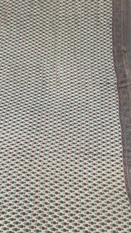 Sanskriti Vintage Sarees Ivory Pure Crepe Silk Printed Sari 5+yd Craft Fabric