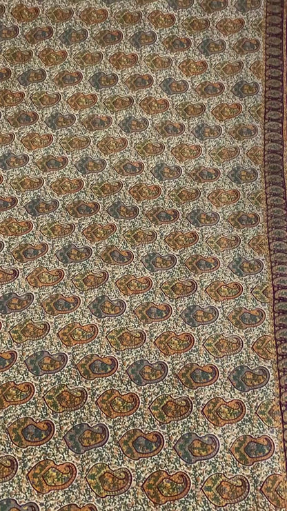 Sanskriti Vintage Sarees Cream Pure Crepe Silk Printed Sari 5+yd Craft Fabric