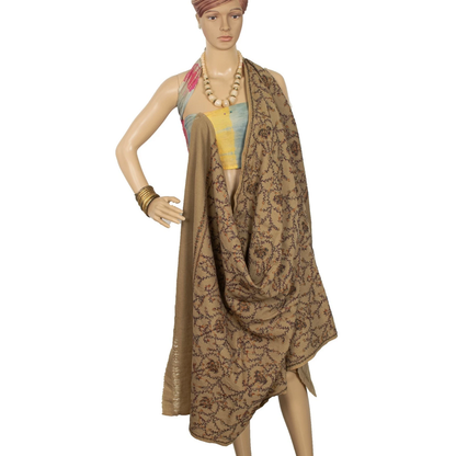 Sanskriti Vintage Long Pure Woolen Brown Shawl Handmade Suzani Scarf Neck Stole