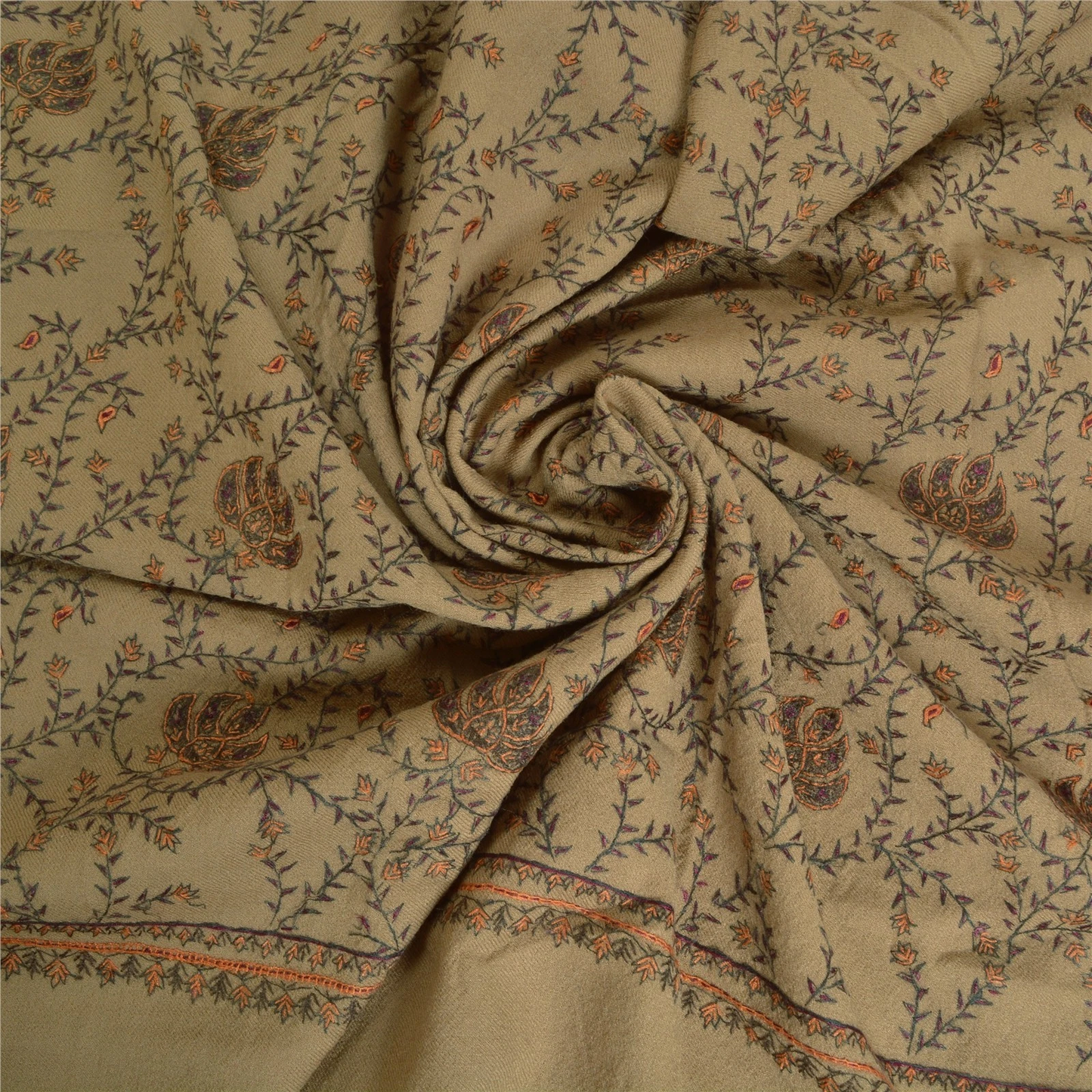 Sanskriti Vintage Long Pure Woolen Brown Shawl Handmade Suzani Scarf Neck Stole