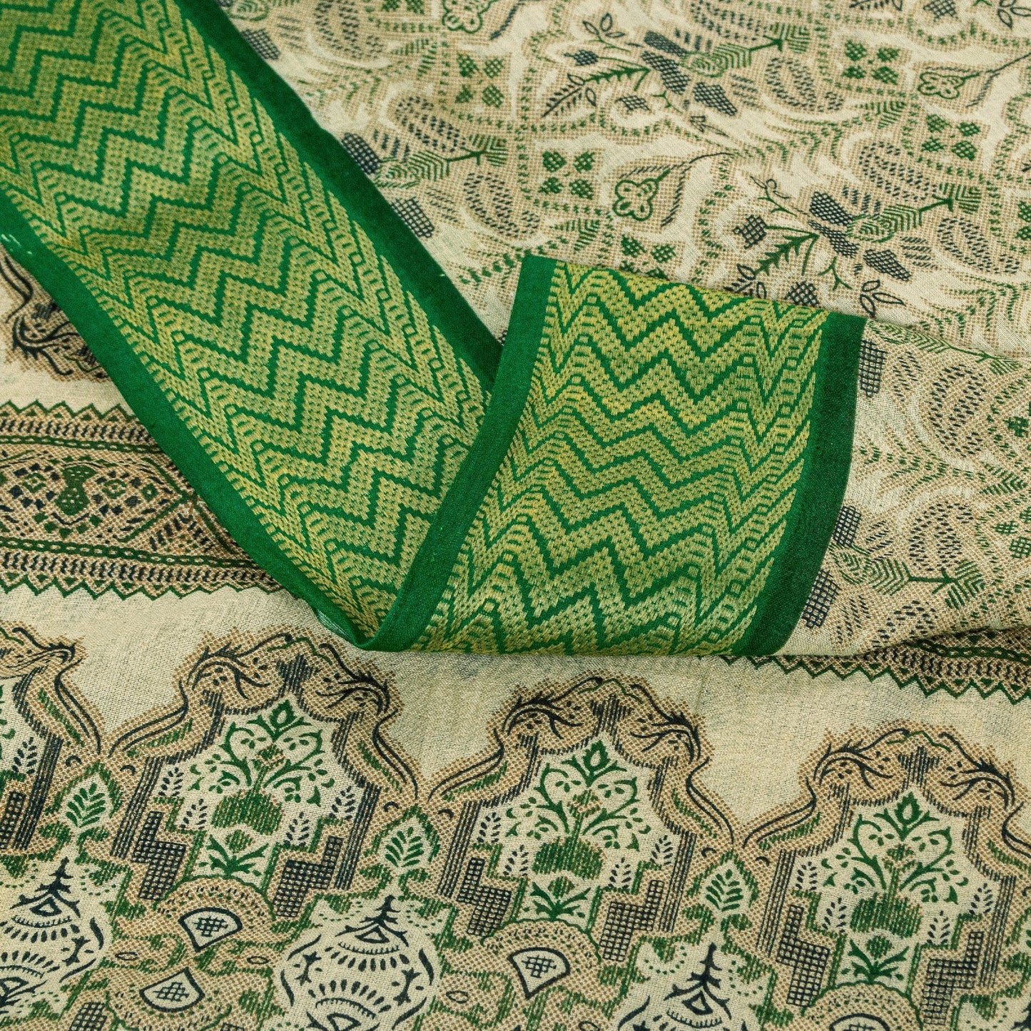 Sanskriti Vintage Sarees Cream & Green Pure Cotton Floral Print 5+Yd Fabric Sari